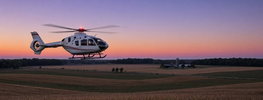 AI-generated illustration of a white and red medical helicopter flying over harvested farmland at dusk.